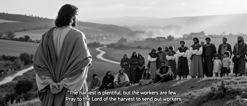 Jesus Christ teaching his disciples on a hillside. Biblical scene from the New Testament gospel. A crowd of followers listening to a sermon about the harvest and the workers.