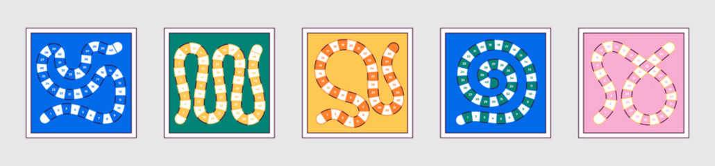 Abstract vector illustration of a racing board game concept. Colorful track and path elements symbolizing speed, movement, competition. Perfect for gaming, strategy, and entertainment design projects.