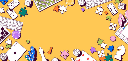 Vector illustration with various board games and playing elements. Includes chess, poker chips, domino, dice, cards, puzzles, and meeples. Perfect for game design, hobby, entertainment events. © Ihor