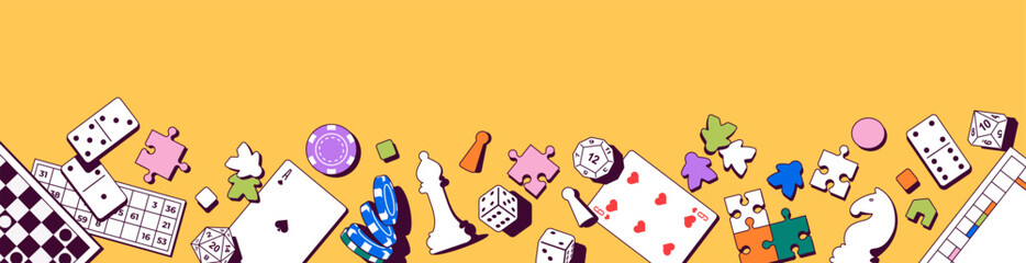 Vector illustration with various board games and playing elements. Includes chess, poker chips, domino, dice, cards, puzzles, and meeples. Perfect for game design, hobby, entertainment events.
