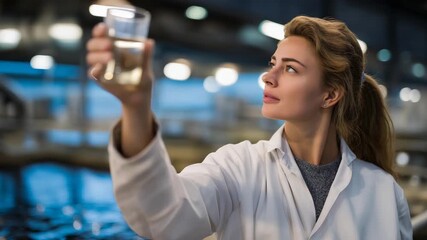 Environmental engineer testing biofilters and water purification systems in a modern wastewater treatment plant — representing sustainable filtration technology, urban water safety, and