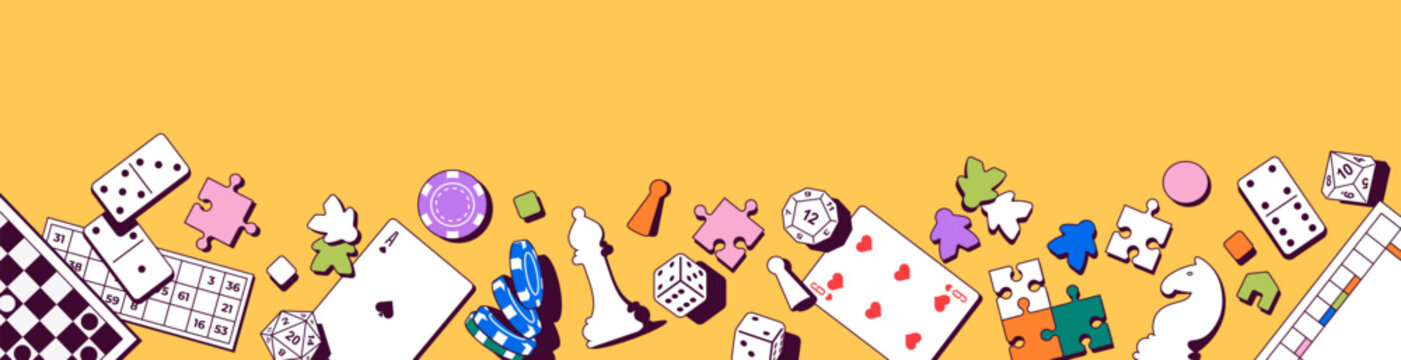 Vector illustration with various board games and playing elements. Includes chess, poker chips, domino, dice, cards, puzzles, and meeples. Perfect for game design, hobby, entertainment events.