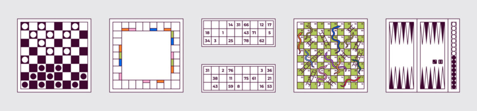 Vector illustration set of various abstract board games including checkers, backgammon, bingo, snakes and ladders. Perfect for family fun, leisure, education, and entertainment design projects.