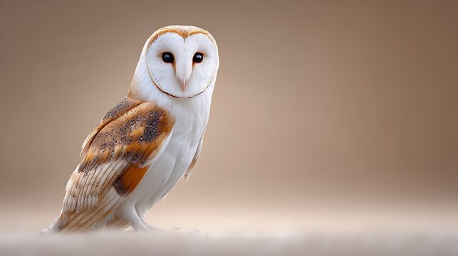 A beautiful barn owl with striking facial features and speckled plumage poses elegantly against a soft, neutral, and blurred background, looking directly at the viewer