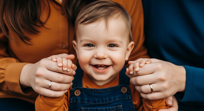 Smiling toddler's hands held by adults, showcasing family bond and childhood innocence, ideal for family, love, and parenting concepts