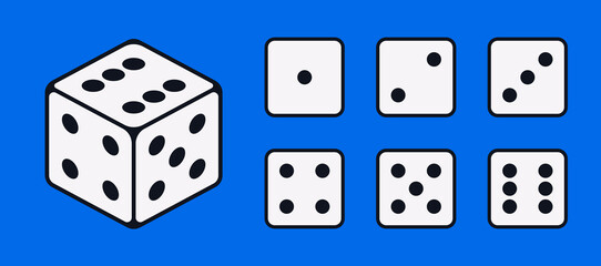 Vector illustration of D6 dice icons showing all sides in flat design style. Minimalistic six-sided cube with numbered faces. Perfect for board games, apps, UI, and gaming design projects.