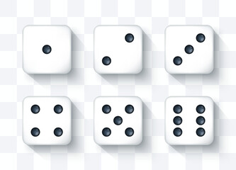 Vector illustration of realistic D6 dice showing all sides. 3d six-sided cubes with numbered faces. Perfect for board games, casino, gaming, and educational projects.