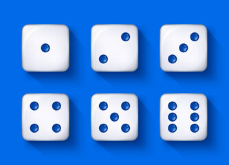 Vector illustration of realistic D6 dice showing all sides. 3d six-sided cubes with numbered faces. Perfect for board games, casino, gaming, and educational projects.