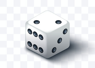Realistic D6 dice vector illustration. Detailed six-sided cube with light and shadow. Perfect for casino, board games, luck, and entertainment design projects.