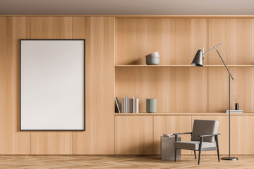 Cozy living room interior with wooden paneling, blank frame, and modern furniture in minimal design style, featuring neutral tones. 3D Rendering