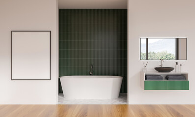 Modern bathroom interior with white bathtub, green tiled wall, floating vanity, wooden floor, and mountain view window. 3D Rendering