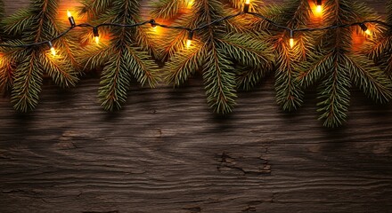 Warm christmas lights adorn evergreen branches above rustic wooden surface