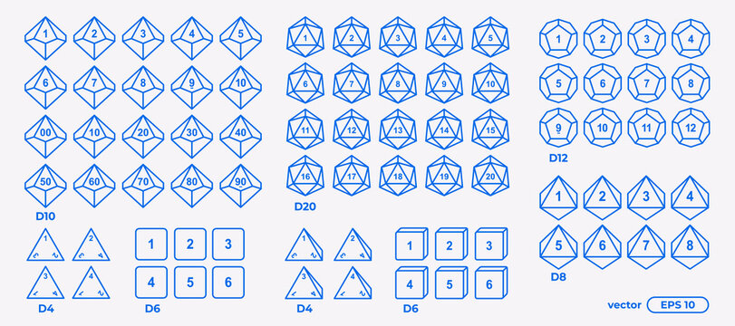 Vector illustration set of D4, D6, D8, D10, D12, and D20 dice icons showing all possible sides. Polyhedral gaming dice collection for tabletop, RPG, and board game design projects.