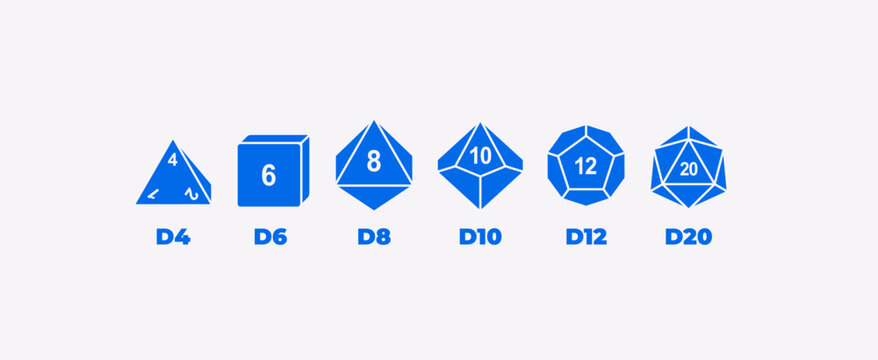 Vector illustration set of D4, D6, D8, D10, D12, and D20 dice icons isolated on white background. Polyhedral gaming dice collection for tabletop, RPG, and board game design projects.