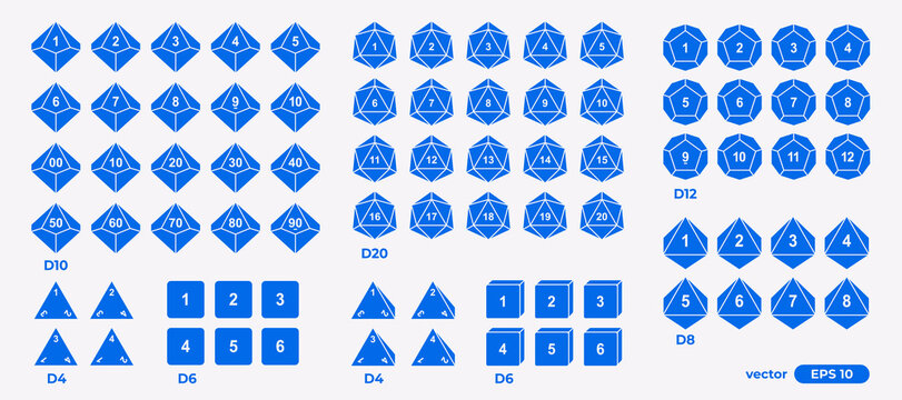 Vector illustration set of D4, D6, D8, D10, D12, and D20 dice icons showing all possible sides. Polyhedral gaming dice collection for tabletop, RPG, and board game design projects.