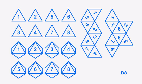 Vector illustration of D8 dice showing all sides and unfolded layout. Eight-sided octahedron shape for tabletop, RPG, and board gaming design projects.