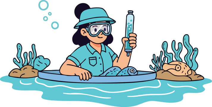 Illustration Of A Scientist Studying Marine Life In Blue Water With Coral Reefs