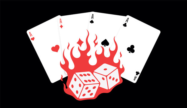 Vector illustration of two burning dice and four aces in fire. Flaming casino symbols representing luck, risk, success, and gambling. Perfect for poker, gaming, and entertainment design projects.