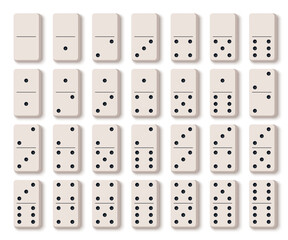 Vector illustration of a complete set of domino tiles in flat design style. Classic rectangular domino pieces for board games, tabletop, and gaming design projects.