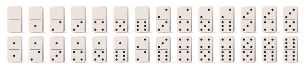 Vector illustration of a complete set of domino tiles in flat design style. Classic rectangular domino pieces for board games, tabletop, and gaming design projects.