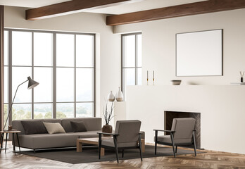 Stylish modern living room with neutral furniture, wood floor and beams, minimalist decor, large windows and cozy interior design. 3D Rendering