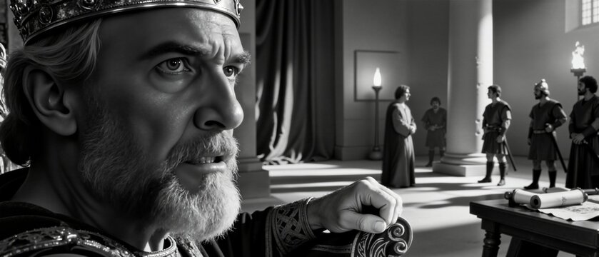 A serious biblical king Herod wearing a crown in a historical scene. An ancient ruler in his court making a dramatic decision. Black and white cinematic portrait of power and authority