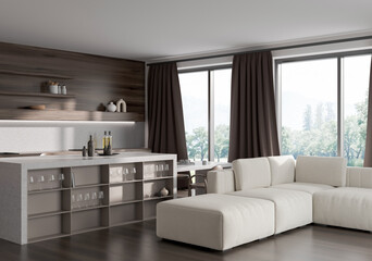 Modern open-plan kitchen and living room interior with elegant white sectional sofa, wood finishes, floor-to-ceiling windows, 3D Rendering