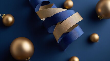 Elegant blue and gold ribbon spirals gracefully around shiny golden ornaments on a deep blue background, creating a festive and luxurious holiday atmosphere