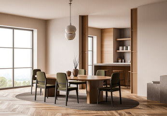 Contemporary dining room interior with wood furniture and green chairs, minimalistic style, on a bright background, concept of modern home design, 3D Rendering