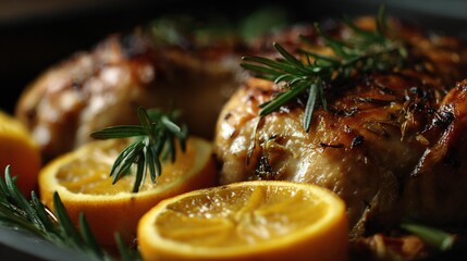 Roasted chicken garnished with fresh rosemary and lemon slices, showcasing a delicious meal prepared with care and attention to detail, perfect for culinary enthusiasts and food lovers