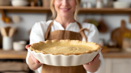 Smiling woman in an apron proudly holds a freshly baked pie in a bright kitchen, showcasing culinary skills and a warm, inviting atmosphere for home cooking enthusiasts