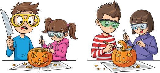 Children carving Halloween pumpkins with tools and safety goggles, fun autumn activity illustration showing teamwork, creativity, holiday preparation, seasonal celebration