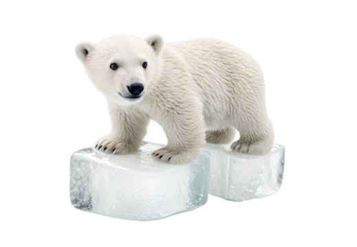 Polar bear cub standing on ice blocks looking forward, isolated on a transparent background