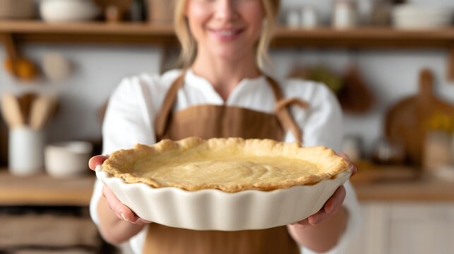 Smiling woman in an apron proudly holds a freshly baked pie in a bright kitchen, showcasing culinary skills and a warm, inviting atmosphere for home cooking enthusiasts