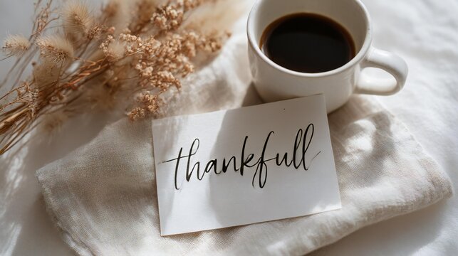 Coffee cup beside handwritten thankfull card on soft fabric with dried flowers, creating a cozy atmosphere for gratitude and reflection in a serene setting