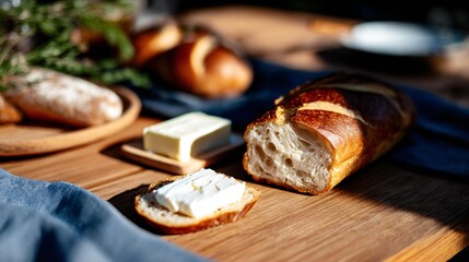 Freshly baked artisan bread loaf sliced on wooden table, accompanied by butter and a rustic atmosphere, showcasing delicious culinary delights and inviting textures
