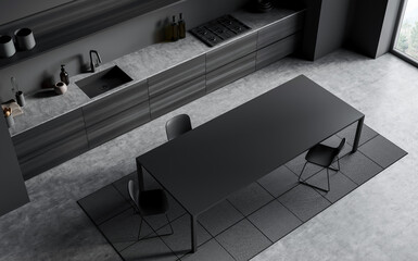 Top view of modern kitchen interior design with minimalist furniture, matte finishes, and clean layout on a concrete background. Concept of simplicity. 3D Rendering