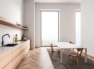 Contemporary kitchen and dining interior design featuring wood cabinets, sleek table, minimalist decor, large bright windows, and chevron wood flooring. 3D Rendering