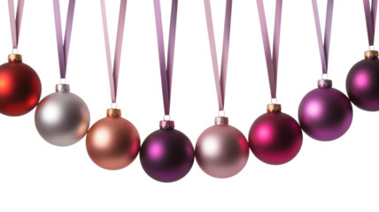 Collection of shiny oval christmas ornaments in various colors hanging on ribbons isolated on transparent background