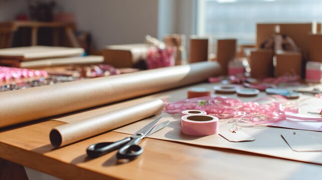 Crafting workspace with various materials including wrapping paper, scissors, and decorative items, showcasing a creative environment for gift preparation and artistic projects