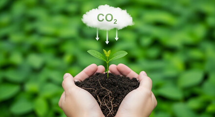 Hands hold seedling with soil, CO2 cloud above, green backgroundIllustrates carbon sequestration, environmental care, plant growth