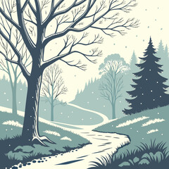 Snow Falling in Forest Path