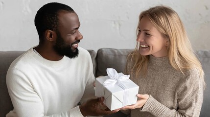 African American man and Caucasian woman smiling joyfully while exchanging a beautifully wrapped gift in a cozy indoor setting, celebrating a special occasion together