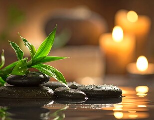 Zen stones with bamboo leaves and candles