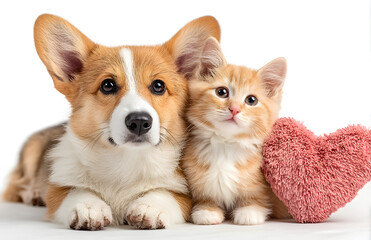 Obraz premium Corgi and kitten with heart toy on white background