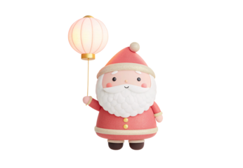 Pink Santa with paper lantern, cute winter character, coral outfit, isolated on a transparent background