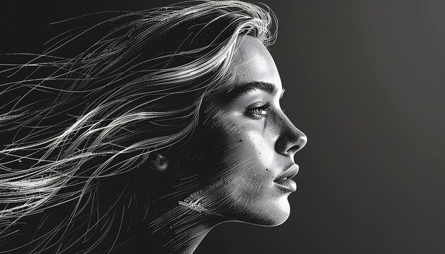 Detailed profile sketch of a woman with windblown hair in monochrome