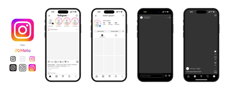 Instagram template app screens on Apple Iphone mockup set. Realistic Instagram interface on smartphone: profile, post, message, shop, icons set. Editable text and blank frames. Editorial Vector.