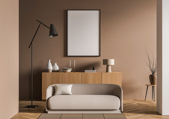 Contemporary living room showing blank poster mockup on warm brown wall, wooden sideboard, soft beige sofa, and decorative elements. 3D Rendering