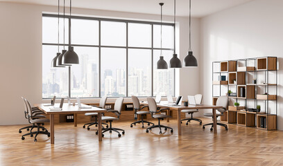 Contemporary office interior with ergonomic chairs, wooden tables, open shelving, and large windows showing cityscape. 3D Rendering